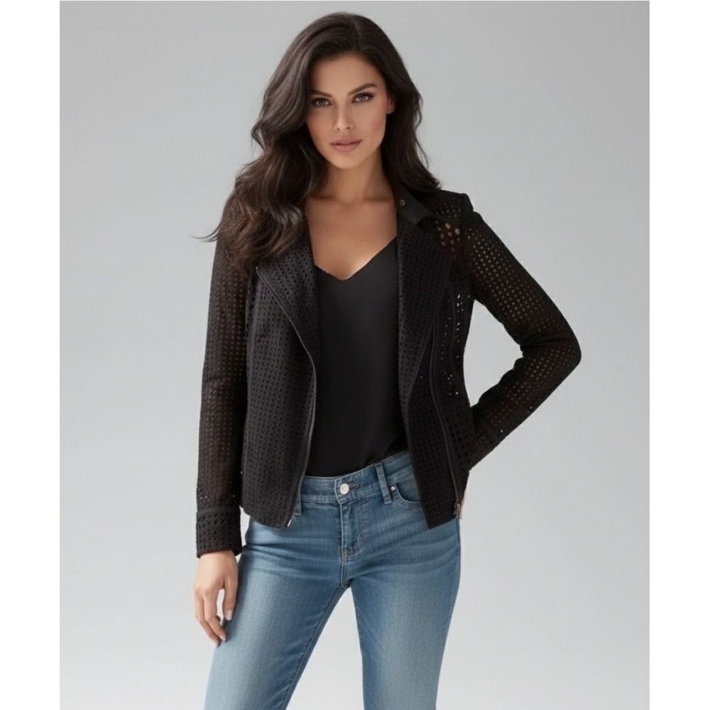 White House Black Market Womens Full Zip Eyelet Lace Moto Blazer Jacket Black 10